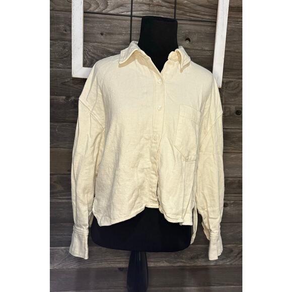 Zara  cropped button up long sleeve flannel 100% cotton cream women's size XS - Picture 1 of 9